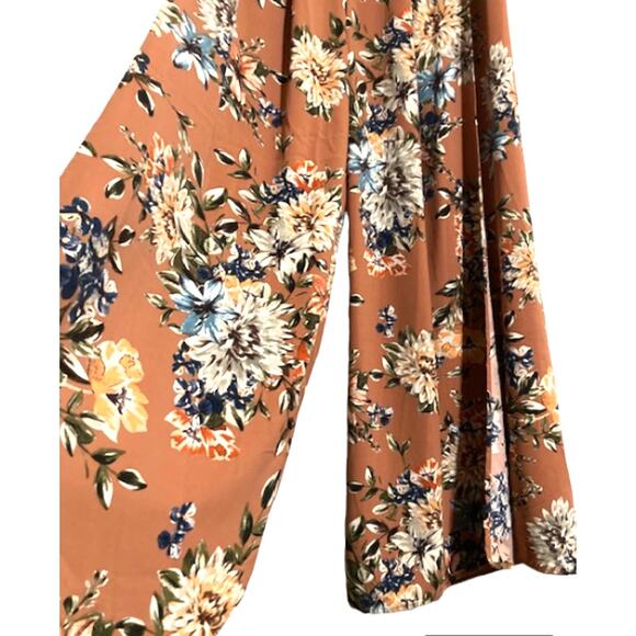 Floral SLIT Pants - Windsor - Brown Flower Pattern Palazzo Wide Leg Pants - L - Picture 4 of 6